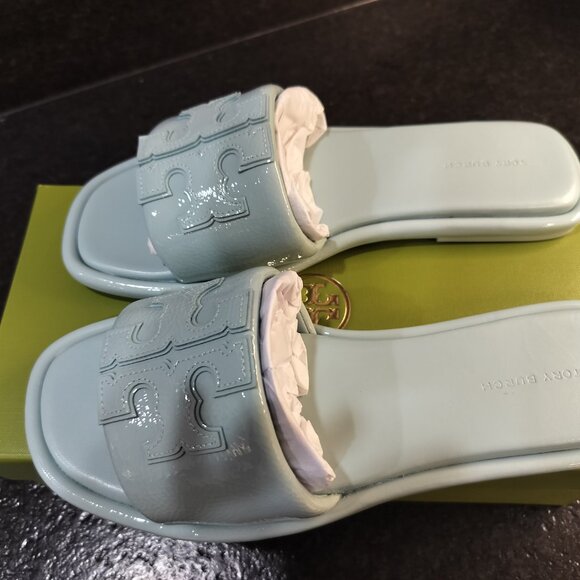 Tory Burch Womens Double "T" Sport Slide Patent Leather Sea Bubble US 8 - Picture 3 of 5